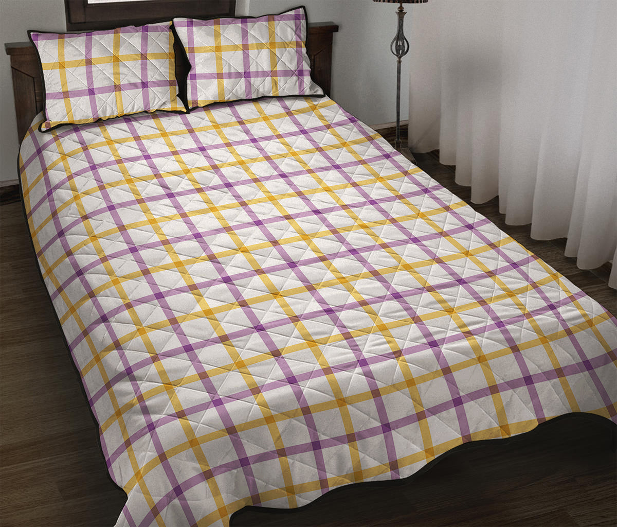 Yellow And Purple Tattersall Print Quilt Bed Set