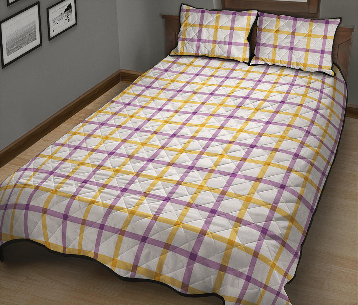Yellow And Purple Tattersall Print Quilt Bed Set
