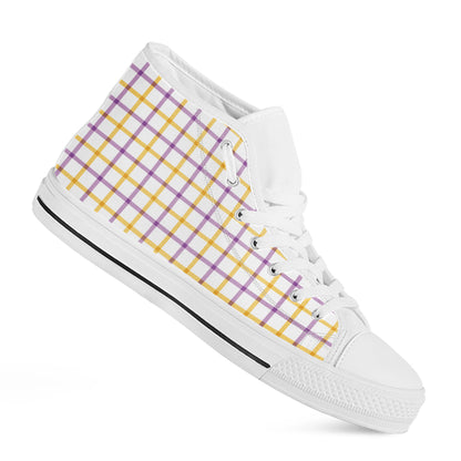 Yellow And Purple Tattersall Print White High Top Shoes
