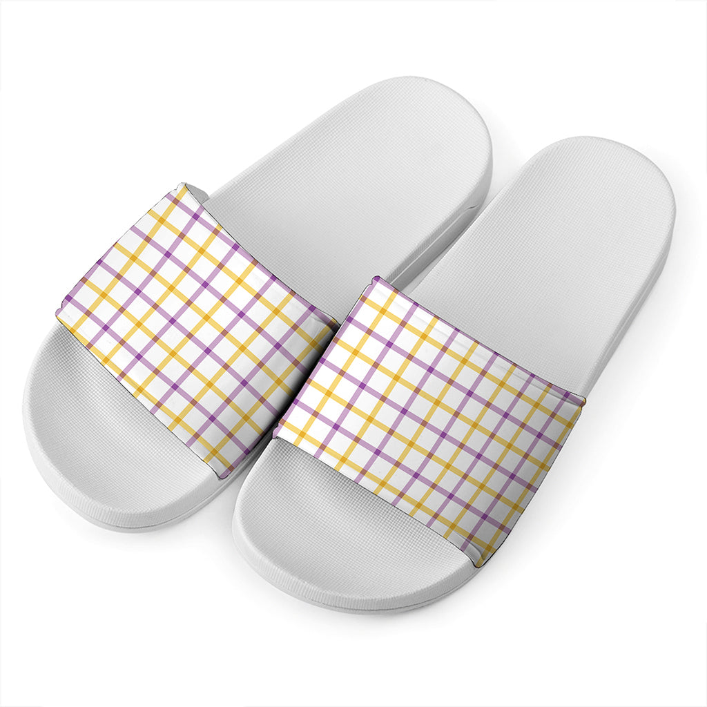 Yellow And Purple Tattersall Print White Slide Sandals