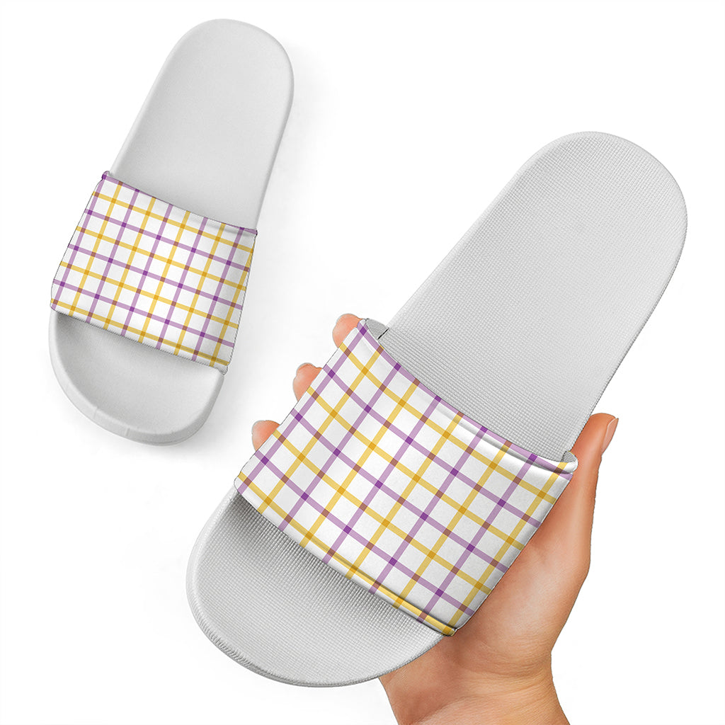 Yellow And Purple Tattersall Print White Slide Sandals