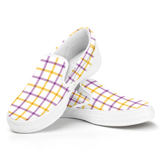 Yellow And Purple Tattersall Print White Slip On Shoes