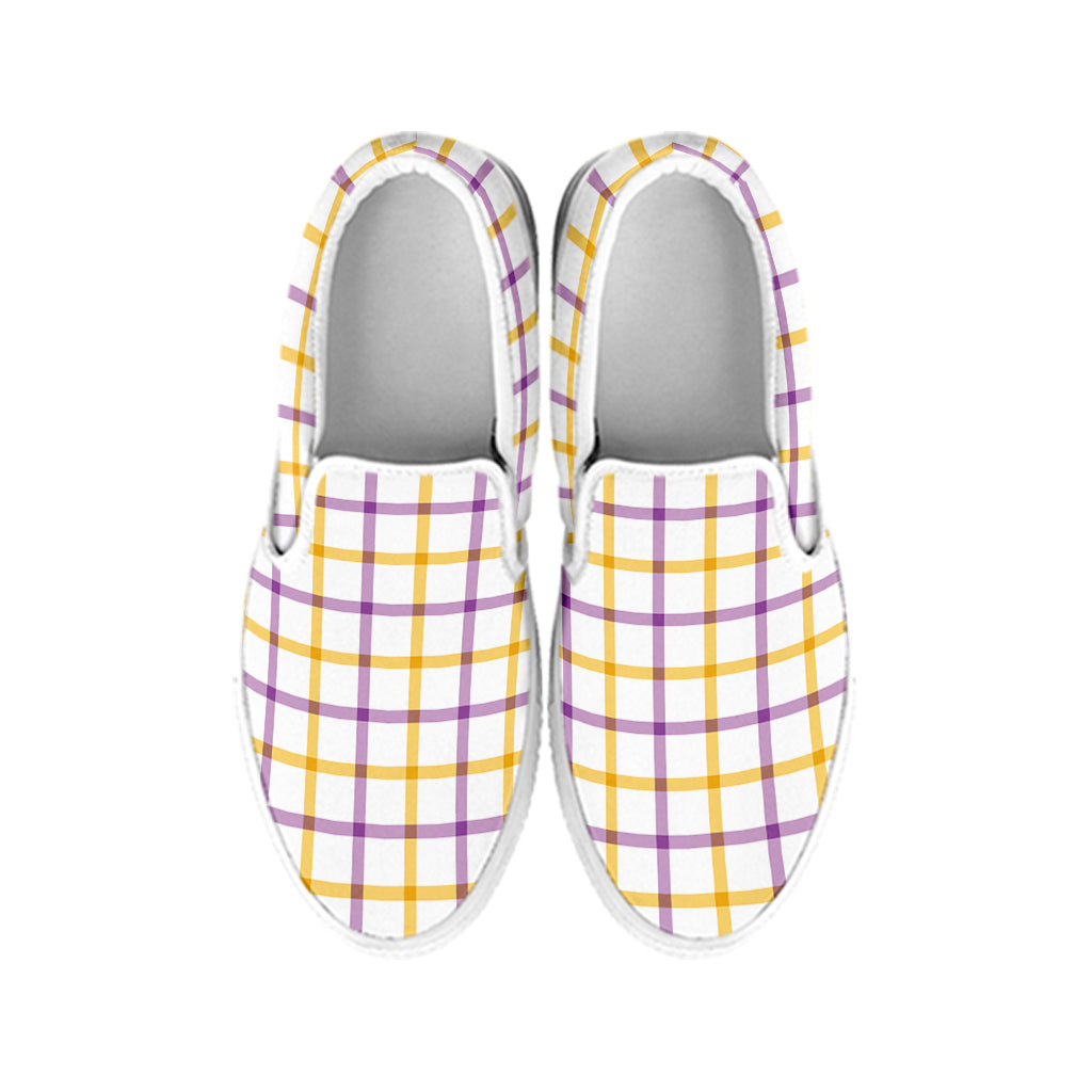Yellow And Purple Tattersall Print White Slip On Shoes