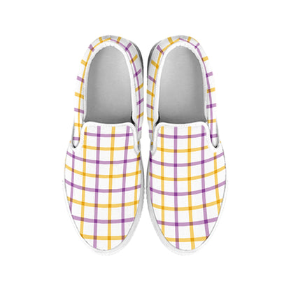 Yellow And Purple Tattersall Print White Slip On Shoes