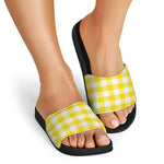 Yellow And White Buffalo Check Print Black Slide Sandals