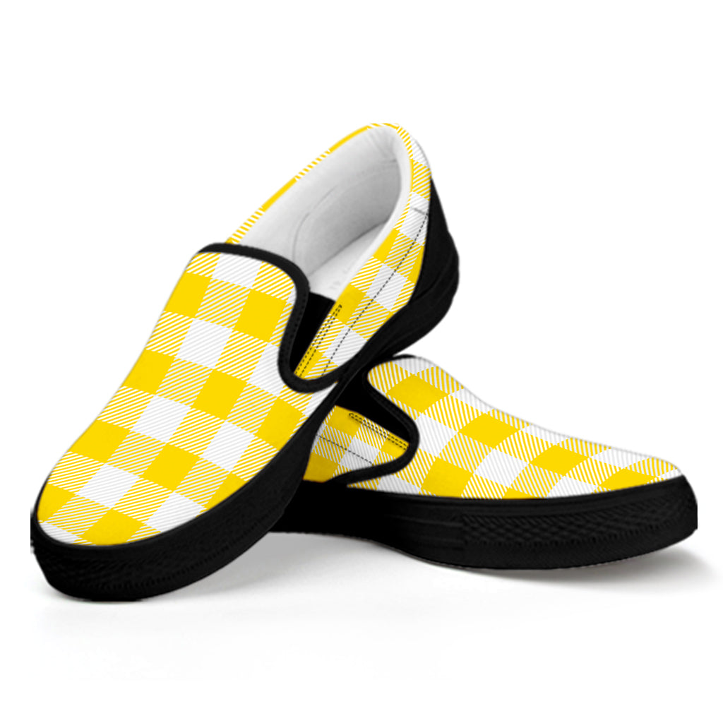 Yellow And White Buffalo Check Print Black Slip On Shoes