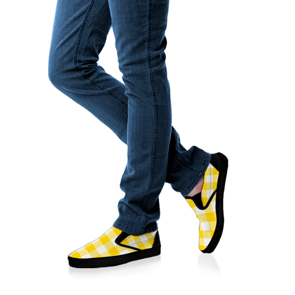 Yellow And White Buffalo Check Print Black Slip On Shoes