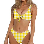Yellow And White Buffalo Check Print Front Bow Tie Bikini