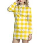 Yellow And White Buffalo Check Print Hoodie Dress
