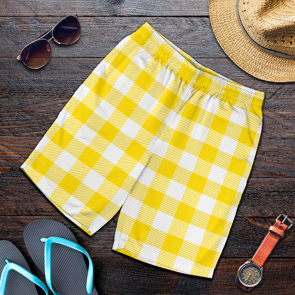 Yellow And White Buffalo Check Print Men's Shorts