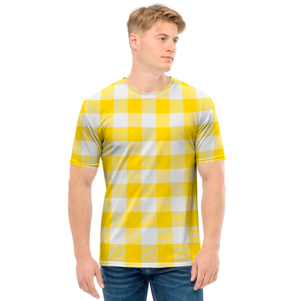 Yellow And White Buffalo Check Print Men's T-Shirt