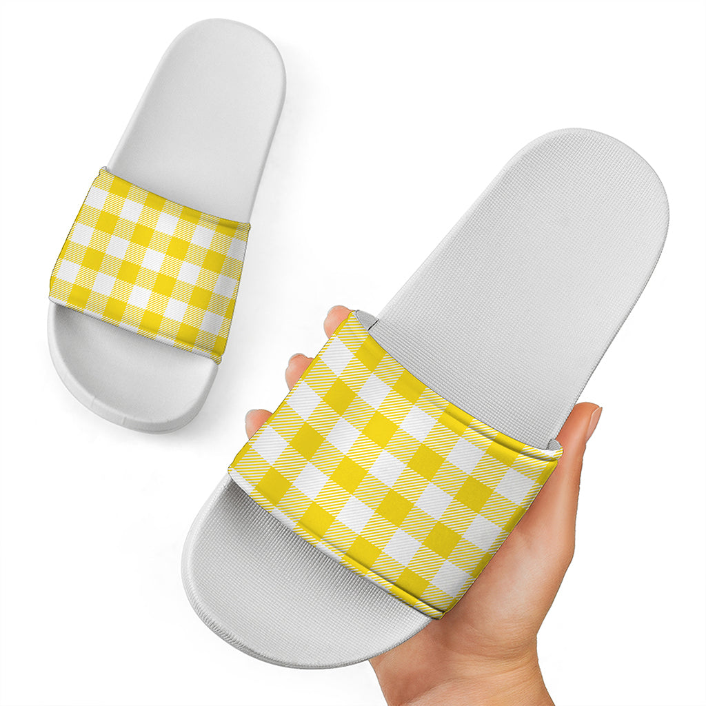 Yellow And White Buffalo Check Print White Slide Sandals