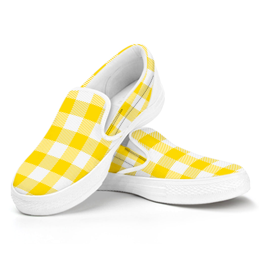 Yellow And White Buffalo Check Print White Slip On Shoes