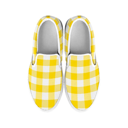 Yellow And White Buffalo Check Print White Slip On Shoes