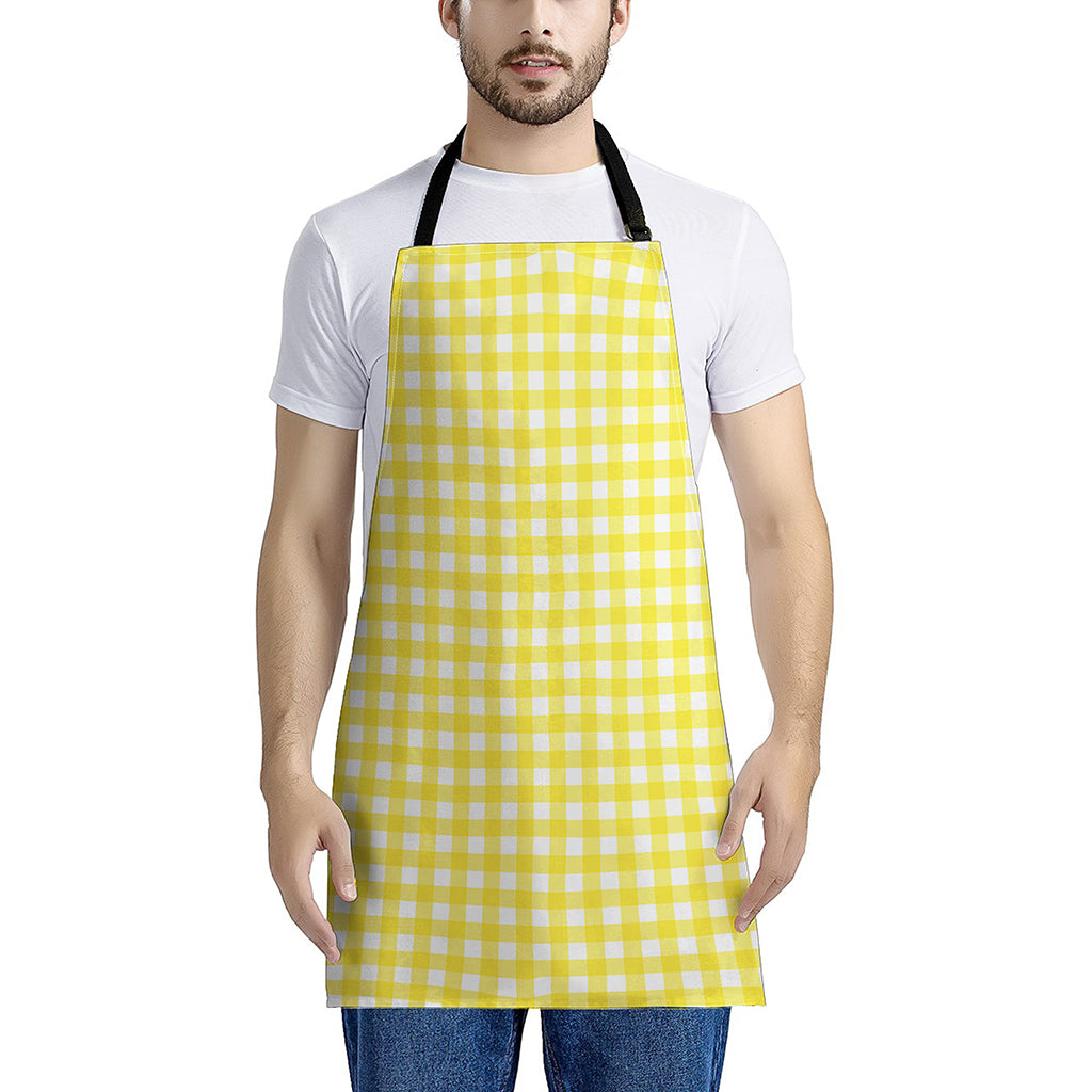 Yellow And White Check Pattern Print Apron