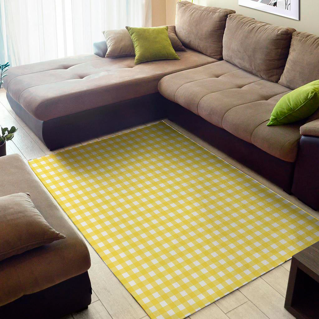 Yellow And White Check Pattern Print Area Rug