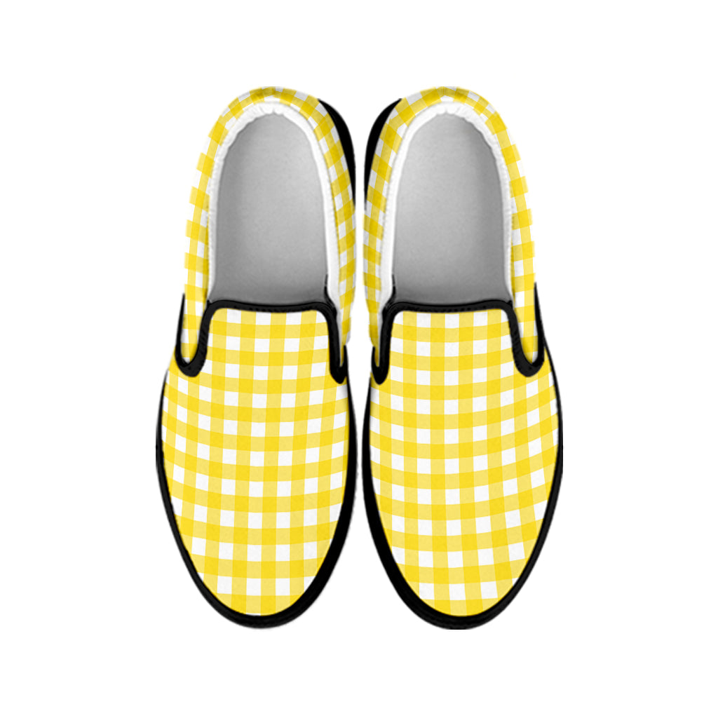 Yellow And White Check Pattern Print Black Slip On Shoes