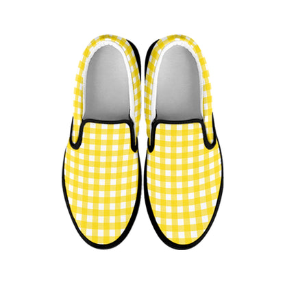 Yellow And White Check Pattern Print Black Slip On Shoes