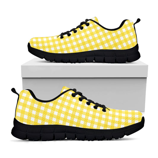 Yellow And White Check Pattern Print Black Sneakers