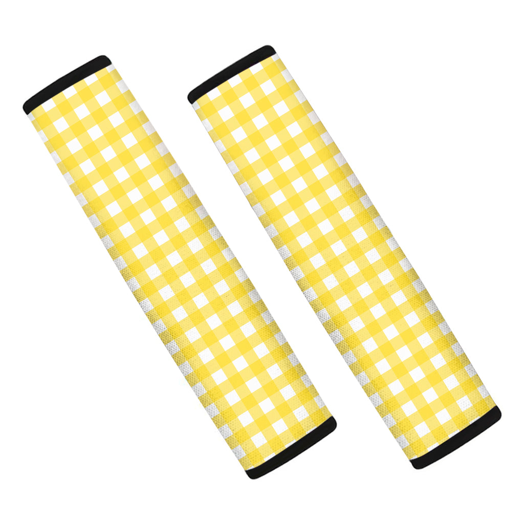 Yellow And White Check Pattern Print Car Seat Belt Covers