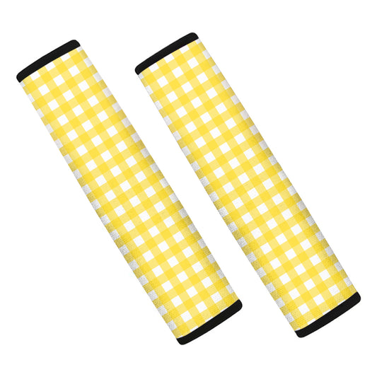 Yellow And White Check Pattern Print Car Seat Belt Covers