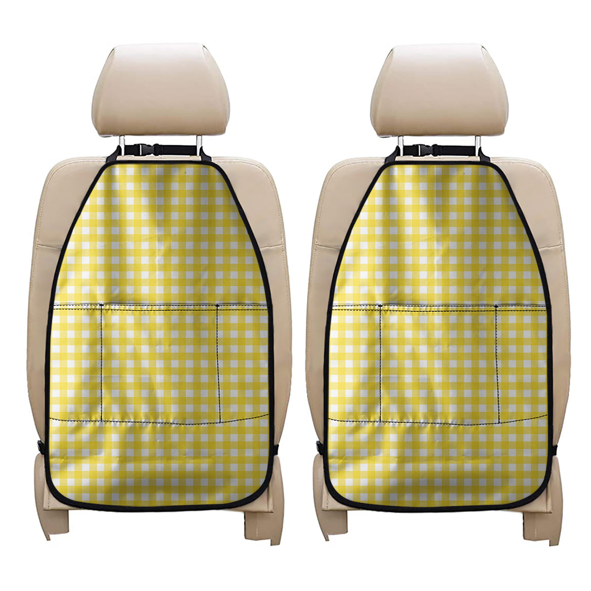 Yellow And White Check Pattern Print Car Seat Organizers