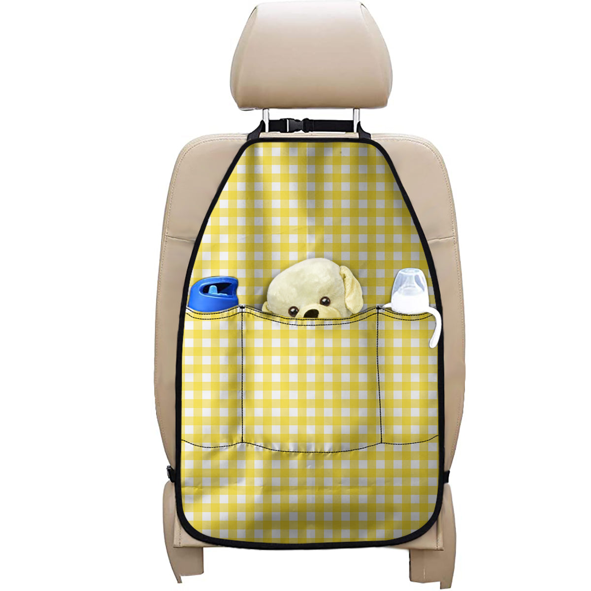 Yellow And White Check Pattern Print Car Seat Organizers