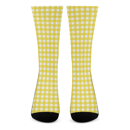 Yellow And White Check Pattern Print Crew Socks