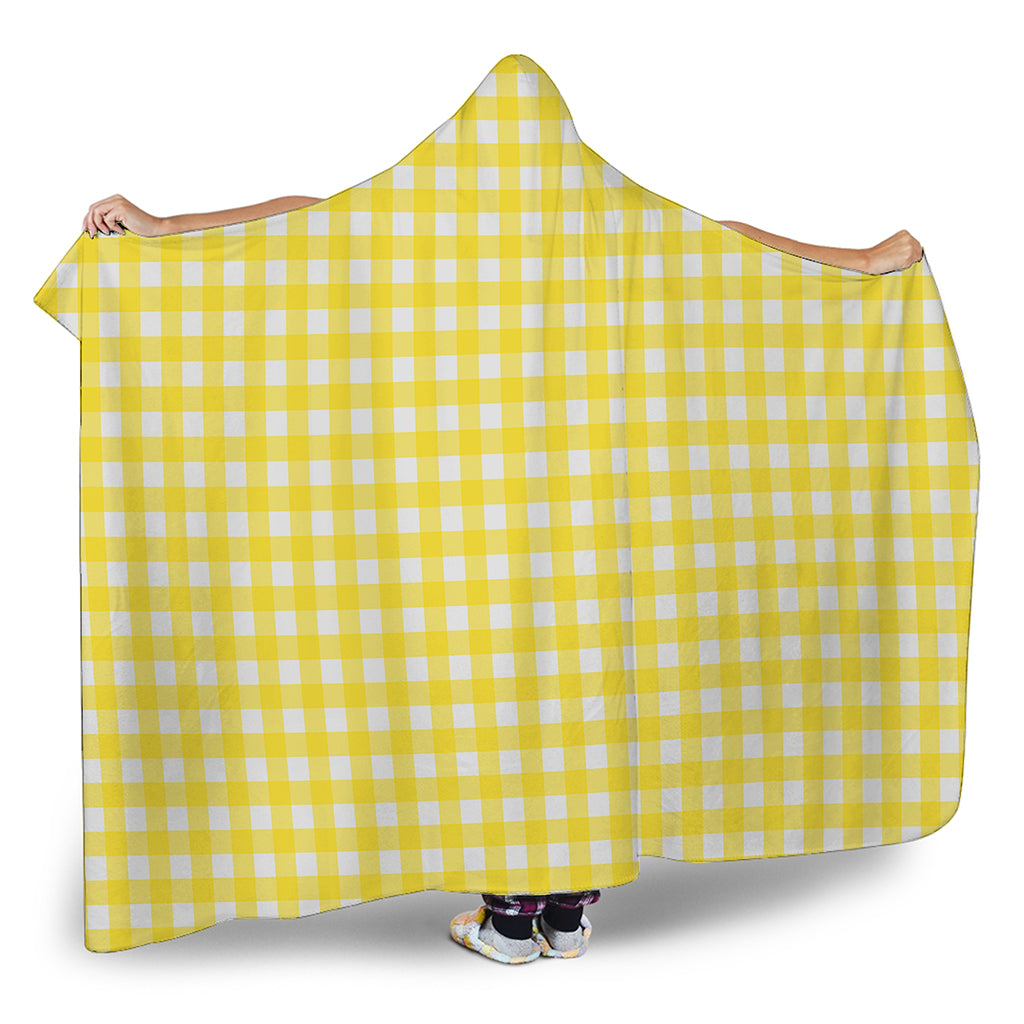 Yellow And White Check Pattern Print Hooded Blanket