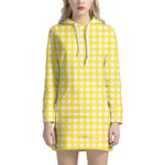 Yellow And White Check Pattern Print Hoodie Dress