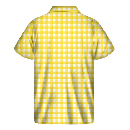 Yellow And White Check Pattern Print Men's Short Sleeve Shirt