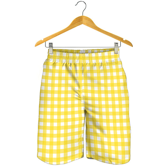 Yellow And White Check Pattern Print Men's Shorts