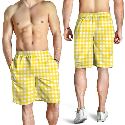 Yellow And White Check Pattern Print Men's Shorts