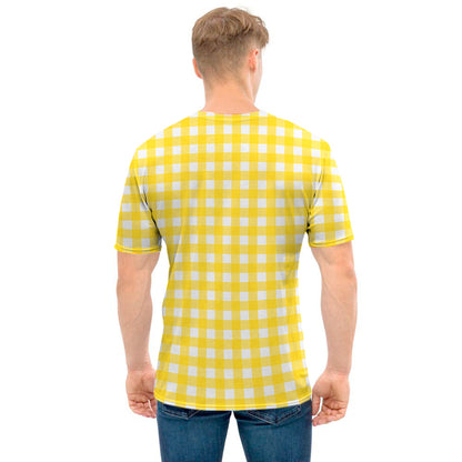 Yellow And White Check Pattern Print Men's T-Shirt