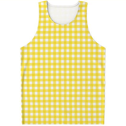 Yellow And White Check Pattern Print Men's Tank Top