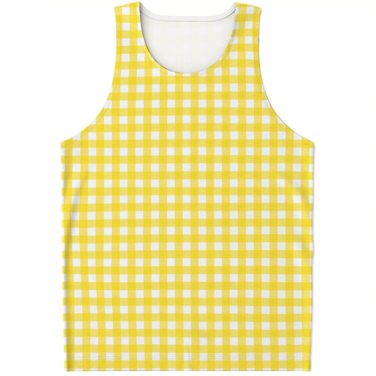 Yellow And White Check Pattern Print Men's Tank Top