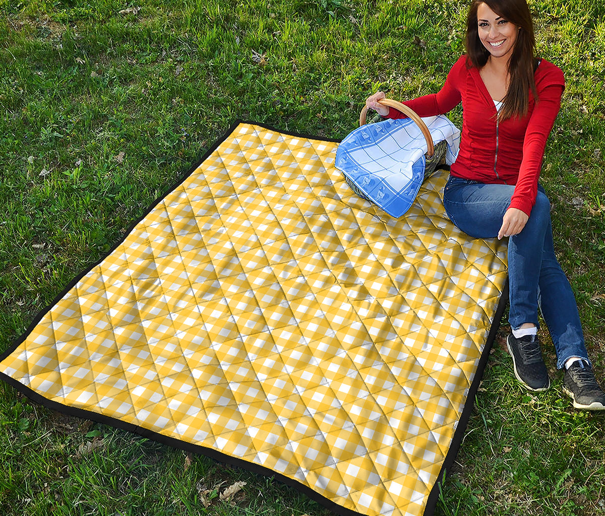 Yellow And White Check Pattern Print Quilt