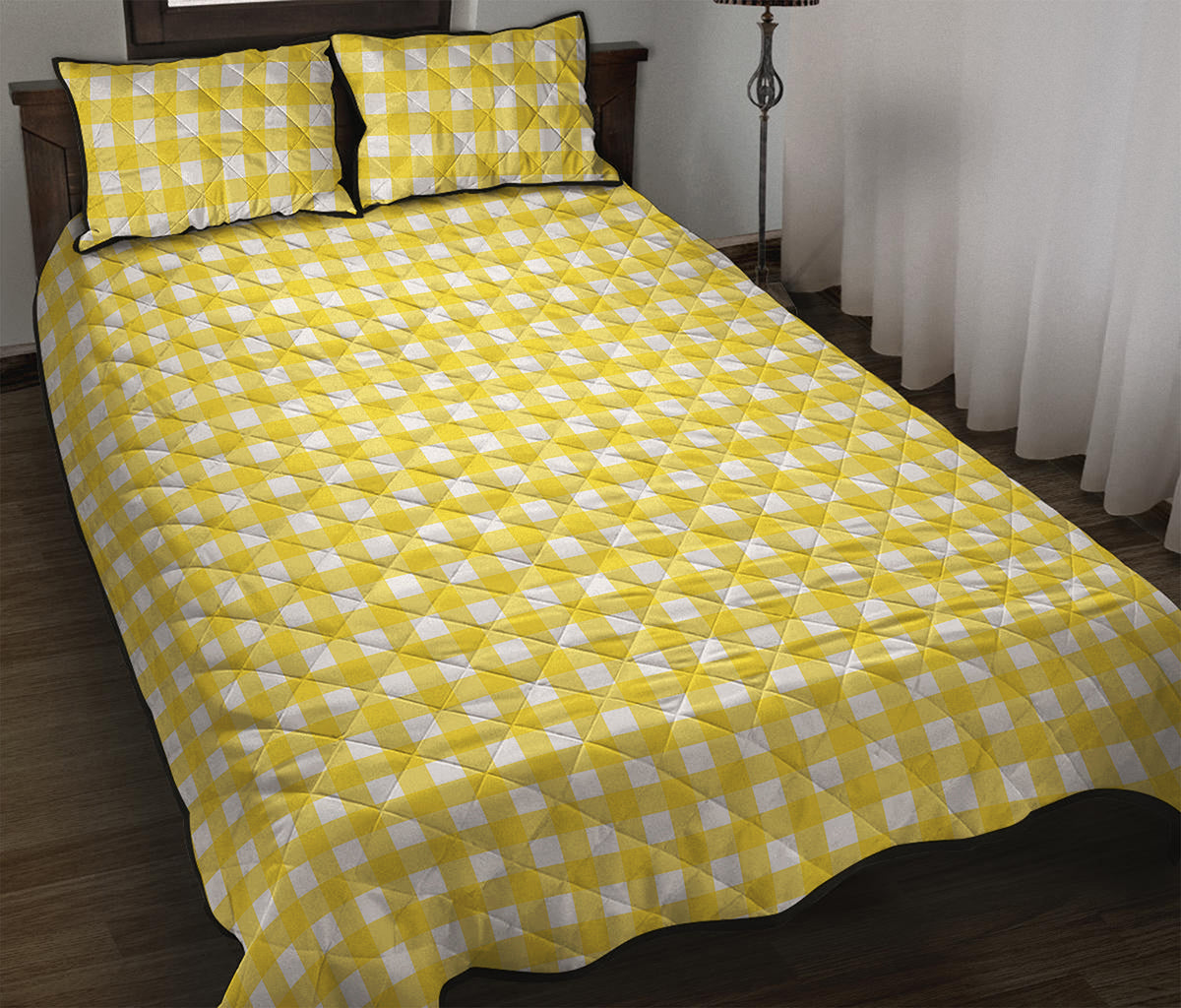 Yellow And White Check Pattern Print Quilt Bed Set