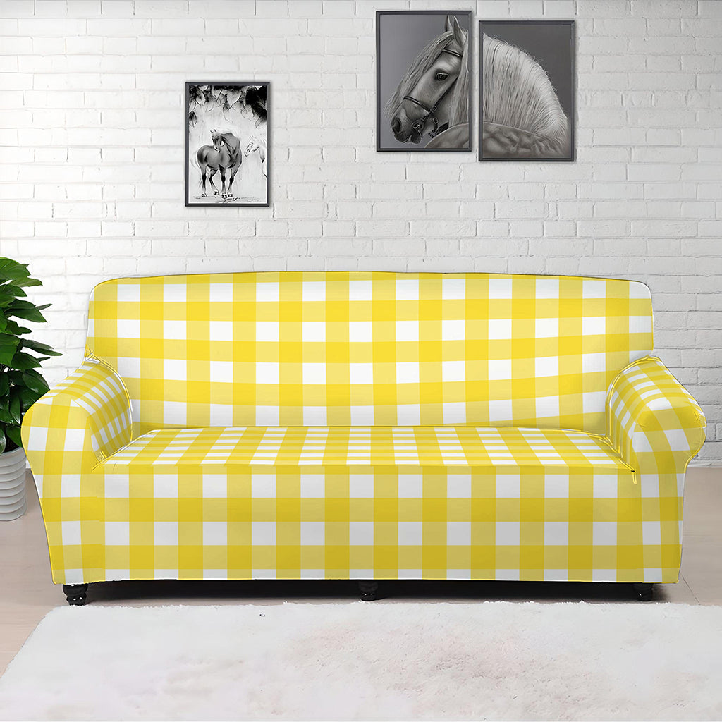 Yellow And White Check Pattern Print Sofa Cover