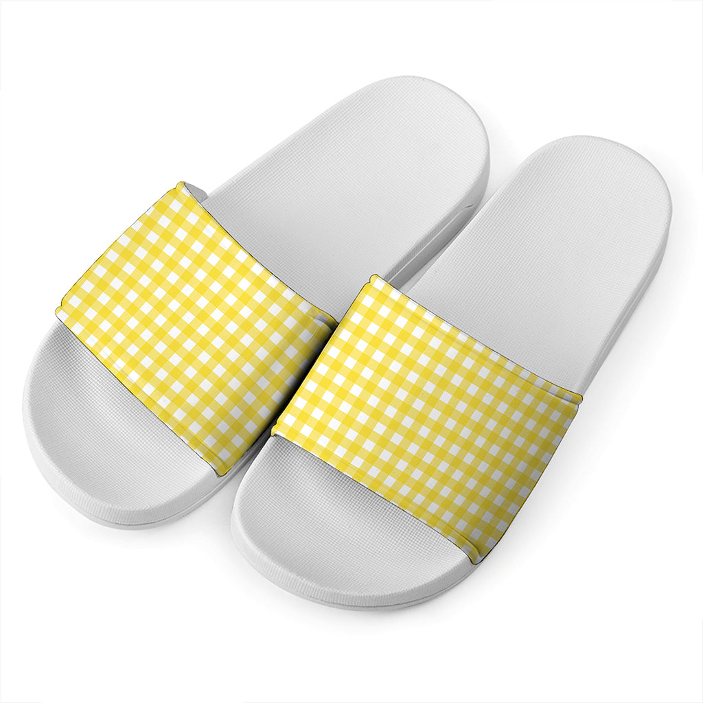 Yellow And White Check Pattern Print White Slide Sandals