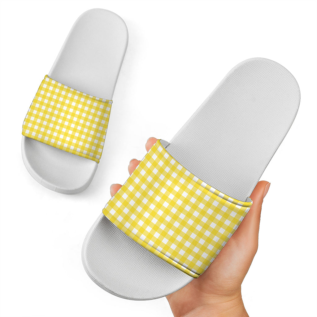Yellow And White Check Pattern Print White Slide Sandals