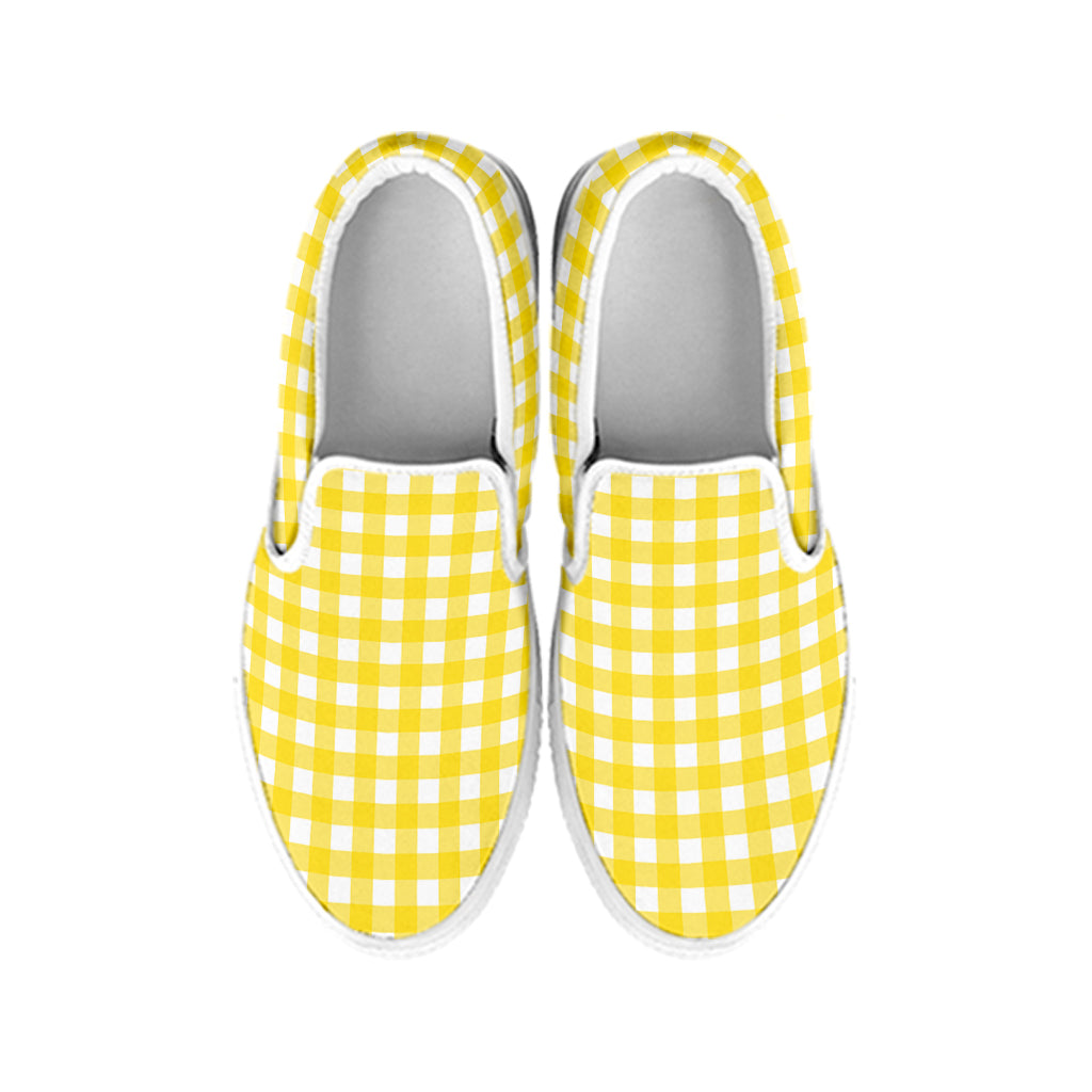Yellow And White Check Pattern Print White Slip On Shoes