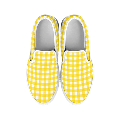 Yellow And White Check Pattern Print White Slip On Shoes