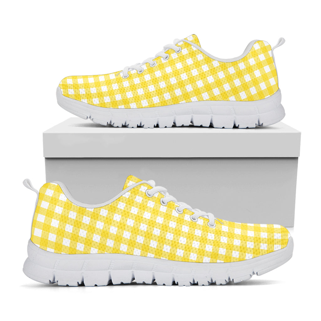 Yellow And White Check Pattern Print White Sneakers