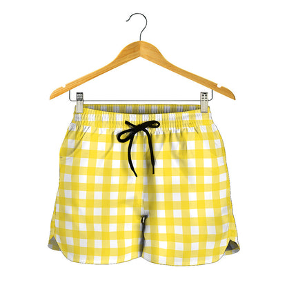 Yellow And White Check Pattern Print Women's Shorts