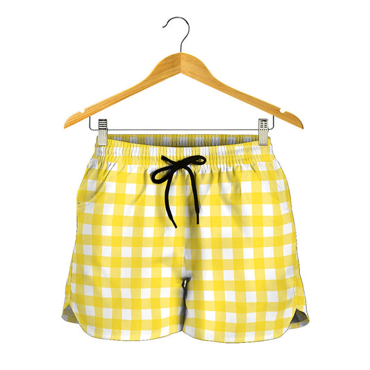 Yellow And White Check Pattern Print Women's Shorts