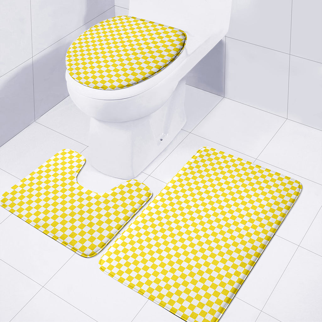 Yellow And White Checkered Pattern Print 3 Piece Bath Mat Set
