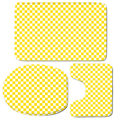 Yellow And White Checkered Pattern Print 3 Piece Bath Mat Set