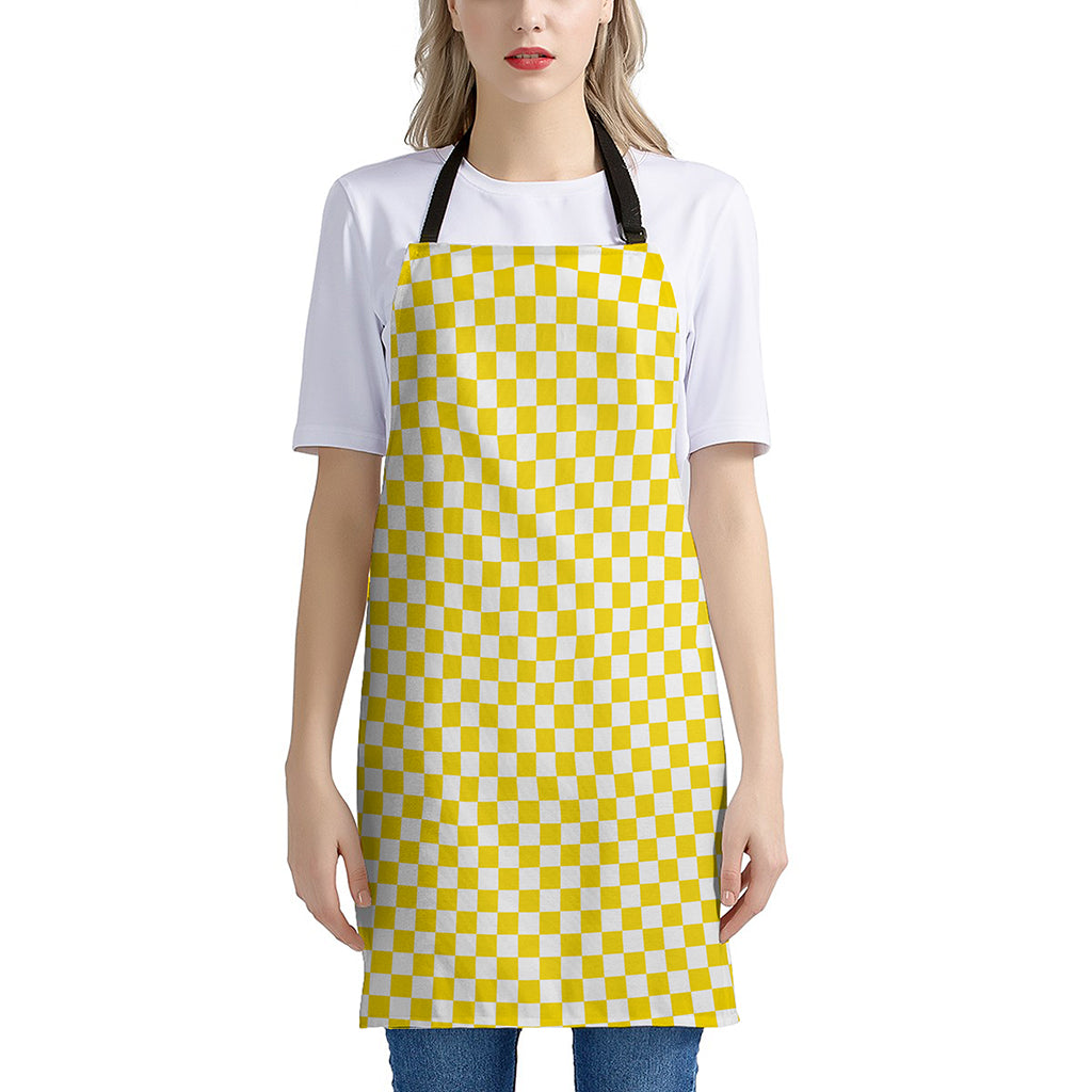 Yellow And White Checkered Pattern Print Apron