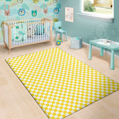 Yellow And White Checkered Pattern Print Area Rug